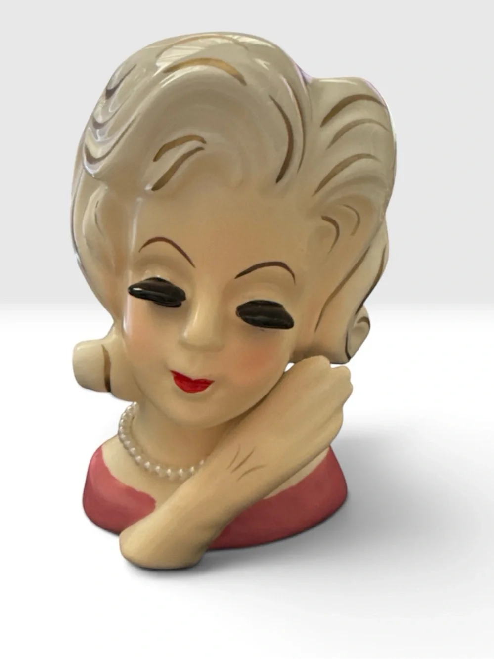 Vintage Nippon Hand Painted Lady Head Vase Blonde Pearls Glamour MCM